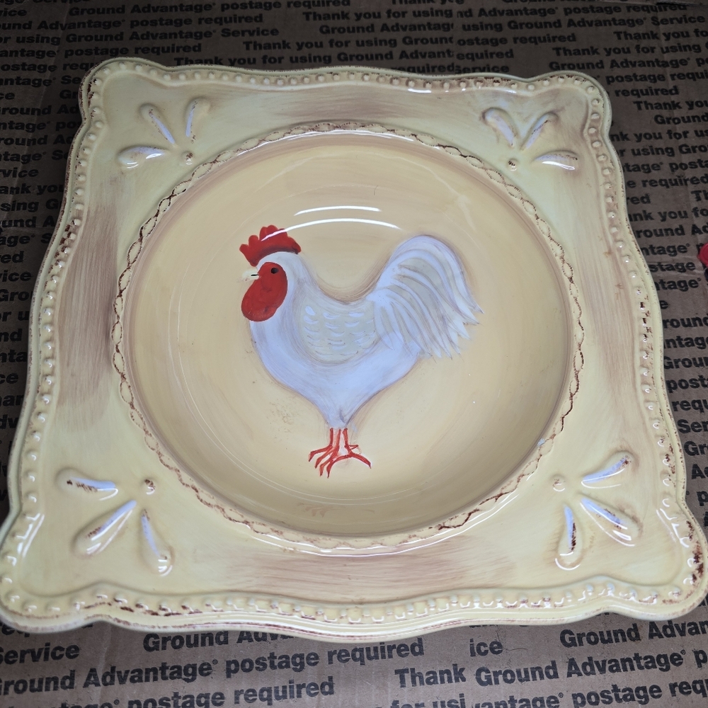 Rustic Cottage Rooster Square Ceramic 10" Bowl-Yellow-country,farm,chicken decor
